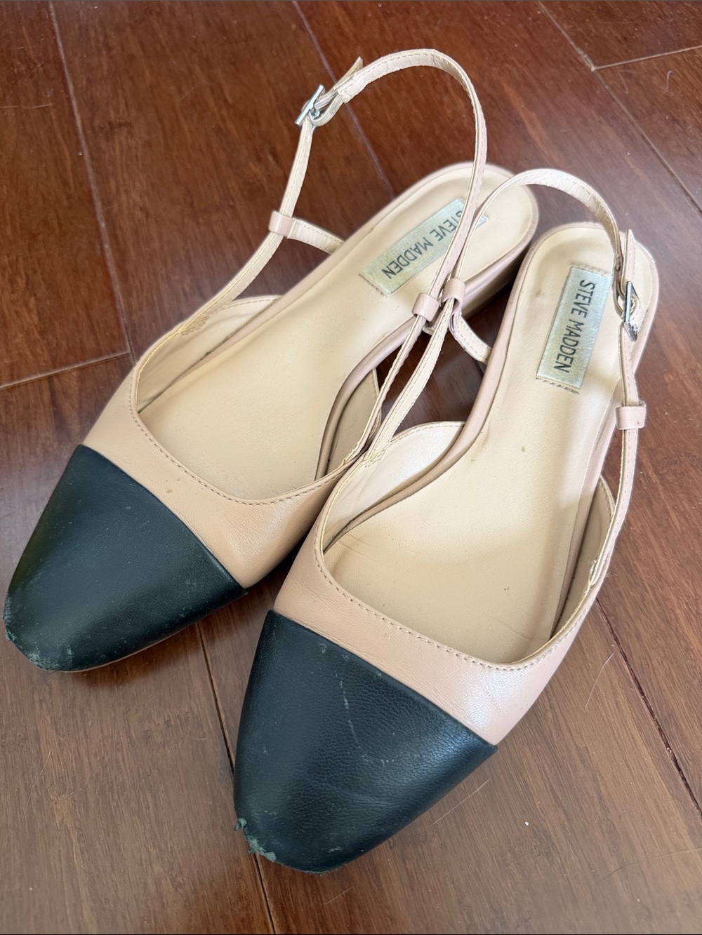 Steve Madden Beige and Black Pointed Slingback Flats